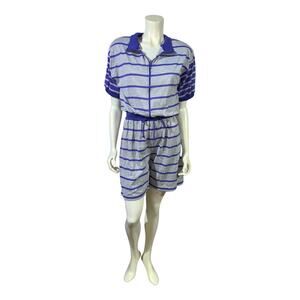 Vintage 80s CA Sport Purple & Grey Striped Zip-Front Romper Small